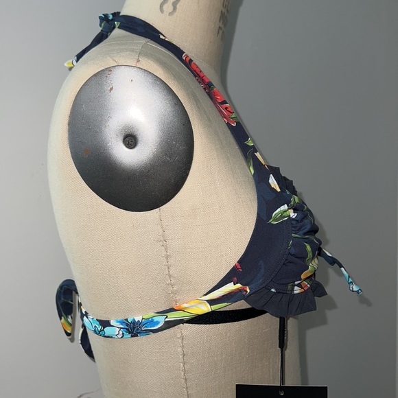 JETS by Jessika Allen Navy Floral Ruffle Tie Halter Bikini Top US Sz 4.- NWT! - Picture 6 of 10